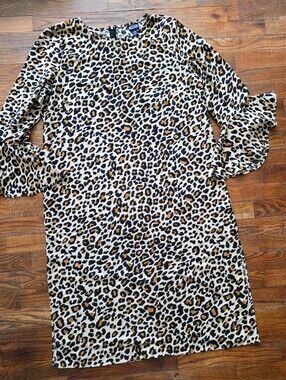 Leopard Print Midi Dress with Bell Sleeves - Beige/Black